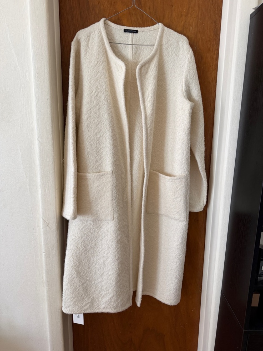 Eileen Fisher Long Open-Front Pocket Coatigan in Off-White